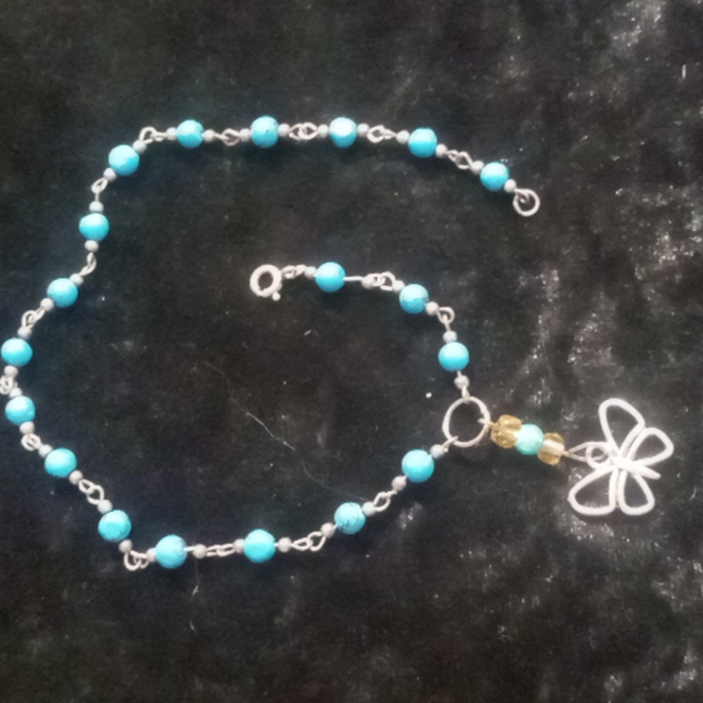 Sterling Silver 925 & Turquoise Beaded Butterfly Anklet Bracelet. 10 In Long